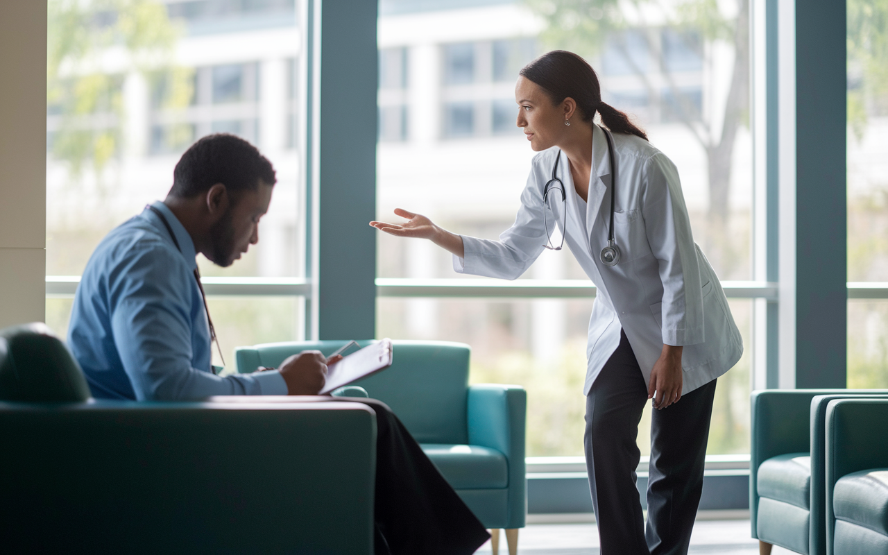 A medical student nervously but confidently approaching a respected clinician in a tranquil hospital lounge area. The clinician is seated, reviewing notes, as the student gestures lightly, conveying their request. The soft, natural lighting coming through the windows creates a calm atmosphere, highlighting the gravity of the moment.