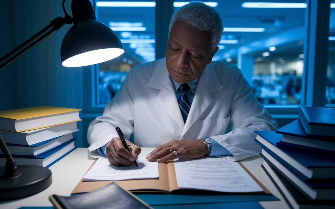 A striking image of a seasoned physician writing a letter of recommendation at their desk, illuminated by soft desk lamp light. The physician wears a white coat, surrounded by medical textbooks and patient folders. The letter is partially visible, emphasizing sincerity and dedication. A window in the background shows a glimpse of a bustling hospital, adding context and a sense of urgency to their task.