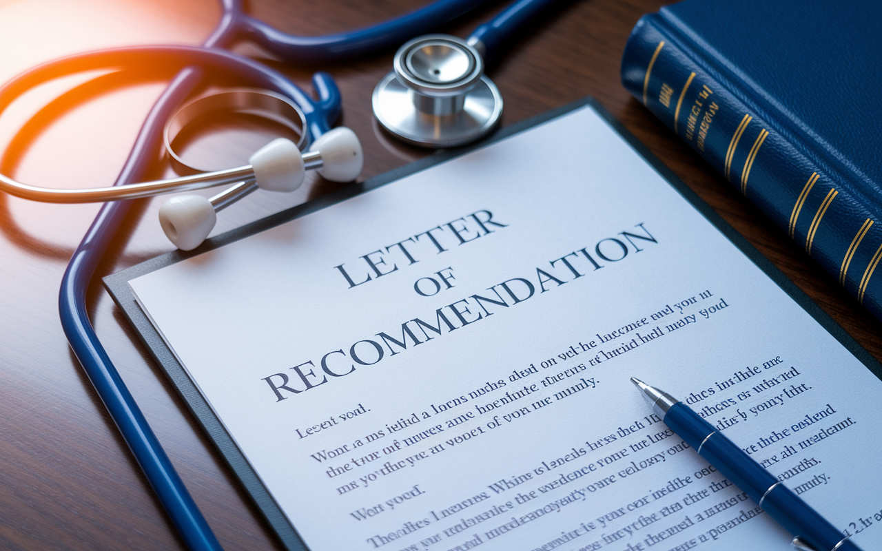 A close-up of an impressive letter of recommendation, with elegant handwriting detailing an applicant's strengths. The letter is set against a polished wooden desk, with a stethoscope and medical journal nearby, conveying a professional atmosphere. Warm light enhances the quality of the letter, signifying the importance of such endorsements in the competitive realm of medical residency applications.