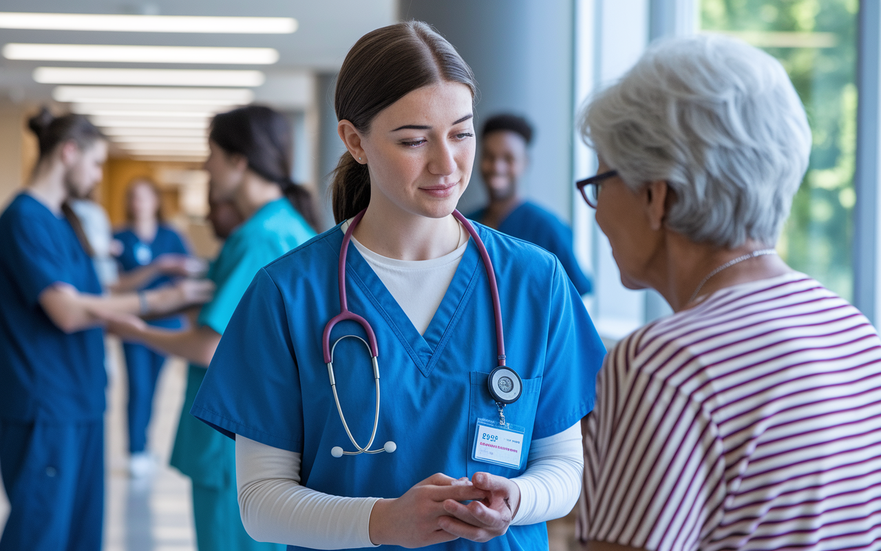 A meditative scene of a student, dressed in scrubs, interacting with patients in a vibrant hospital setting. The focus is on the student showing empathy and professionalism while discussing care with an elderly patient, demonstrating the attributes that a strong LOR can describe. Surrounding activity in the hospital background adds a dynamic and immersive feel.