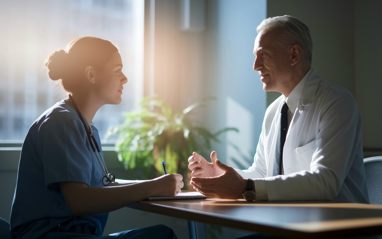 A contemplative moment shared between a medical student and a seasoned supervisor in a quiet hospital office. The supervisor is engaged in conversation, offering insights with a thoughtful expression, while the student takes notes. A warm light filters in through a window, creating an encouraging and supportive atmosphere that illustrates the importance of strong relationships in securing letters of recommendation.