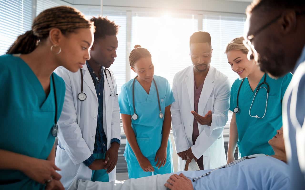 A diverse group of medical students actively participating in a clinical rotation, gathered around a patient in a hospital room. The atmosphere is dynamic and filled with a sense of teamwork, as students engage in discussions with an attending physician who is pointing out key details on a chart. Natural sunlight filtering through the window enhances the vibrant ambiance of learning and collaboration in the healthcare environment.