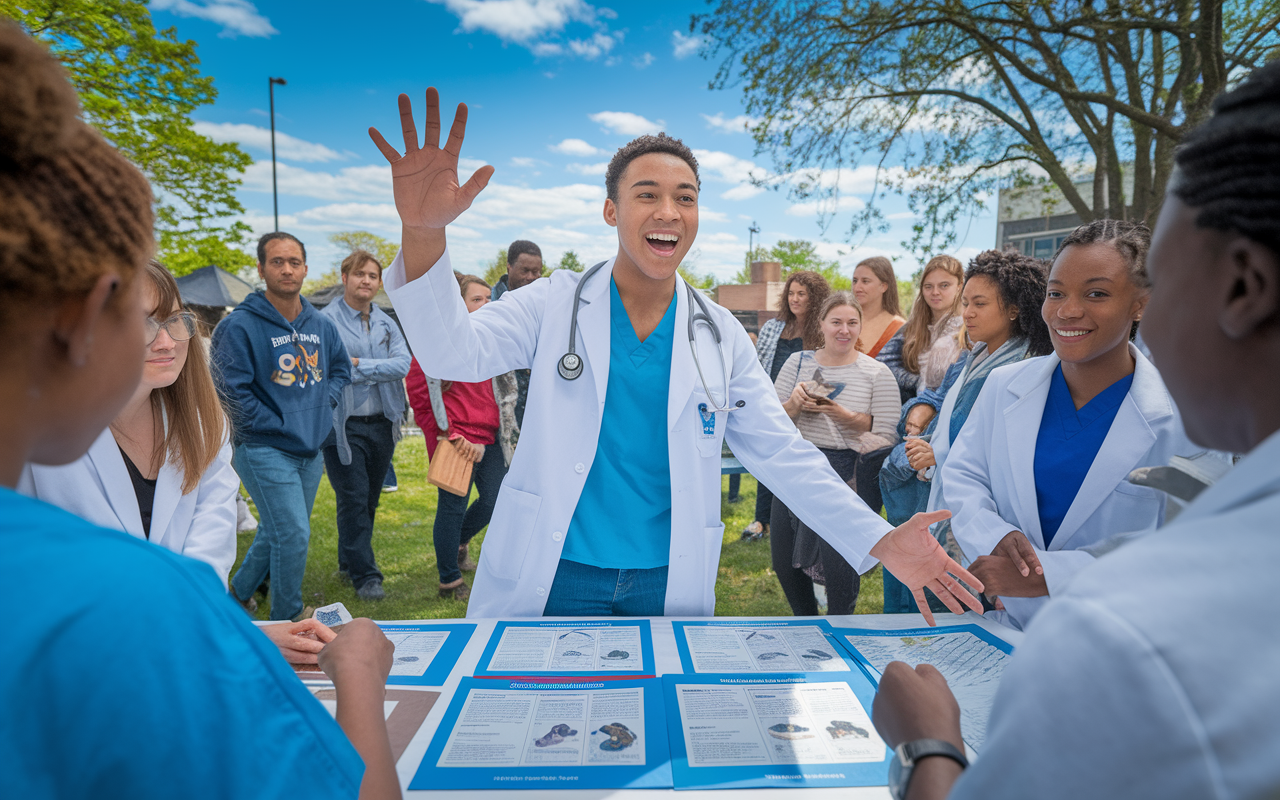 A medical student energetically leading a community service project, surrounded by peers in a park setting. The student is organizing a health fair with displays of medical information, providing free health checks to community members. Bright blue skies and a lively crowd convey a sense of community engagement and the student’s dedication to healthcare outreach. The scene captures the vibrancy of teamwork and service.