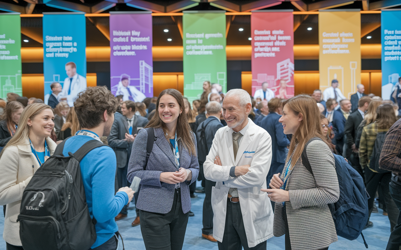 A vibrant networking event for medical students and professionals in a modern conference hall, filled with engaging conversations; students discussing with seasoned physicians and mentors. The atmosphere is lively, with colorful banners and medical posters in the background emphasizing career development. The warm lighting creates an inviting environment that symbolizes growth and collaboration in the medical field.