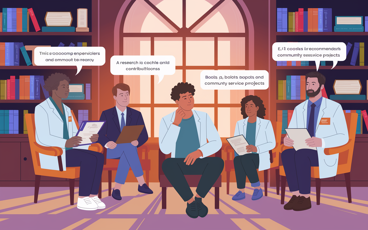 An illustration depicting a thoughtful medical student in a library, surrounded by a diverse group of recommenders comprising a professor, a clinical supervisor, and a research mentor. The student is considering each’s unique qualities, with visual cues symbolizing their contributions (e.g., books, charts, and community service projects). The library setting is warm and inviting, with soft lighting filtering through the large window, emphasizing the importance of choosing the right recommenders.