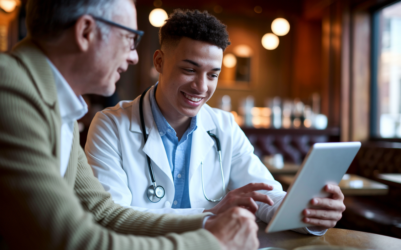 A close-up of a medical student having a heartfelt conversation in a cozy coffee shop with a research mentor, as they discuss the details of a recommendation letter. The student smiles genuinely while presenting their personal statement and achievements on a tablet. The warm ambiance of the coffee shop, with rich wood finishes and soft lighting, adds an intimate feel to the interaction.