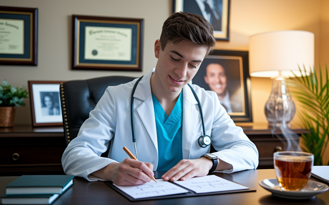 An image of a medical student seated at a stylish desk, penning a thoughtful thank-you note on beautiful stationery. The room is warmly lit, with personal touches like framed diplomas and photos, emphasizing appreciation. A small plant and a steaming cup of tea are in the background, creating a comforting and considerate atmosphere.