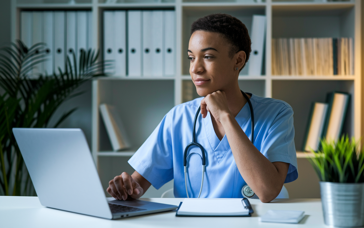 A calm and inviting office scene showing a young medical professional sitting at their desk, laptop open and a notepad beside them. The person appears thoughtful, drafting a gentle reminder email. The background highlights bookshelves filled with medical literature and a plant on the desk, suggesting a supportive environment. Soft, warm lighting enhances the atmosphere, conveying professionalism and optimism.