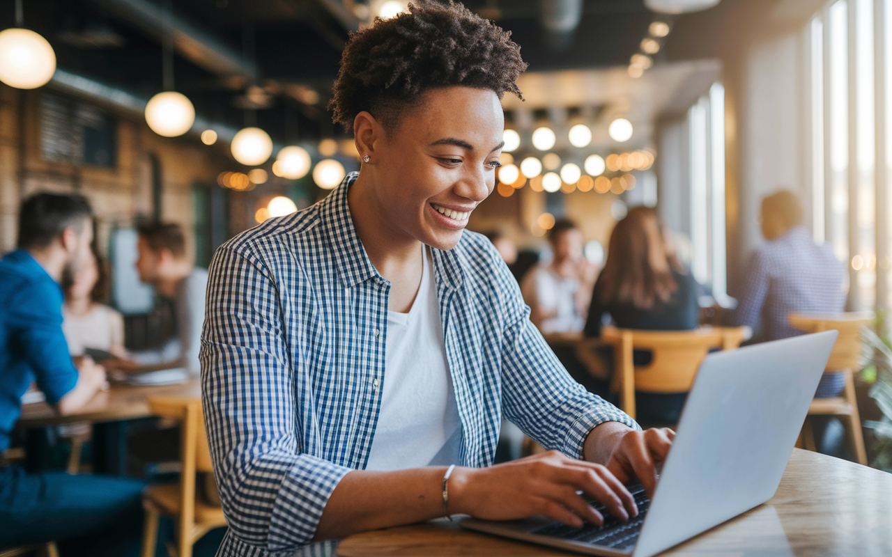 A cheerful young professional in a well-lit cafe, sending a heartfelt thank-you email from their laptop. They have a satisfied expression on their face, suggesting gratitude and positivity after the recommendations were submitted. The cafe is vibrant with other patrons in the background, adding a sense of life and warmth to the scene.