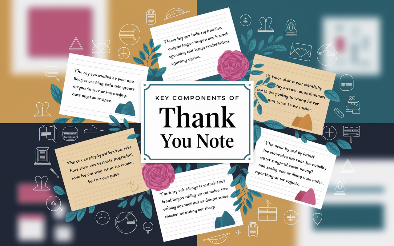 A collage-style graphic that highlights the key components of writing a thank you note. Each segment showcases beautifully handwritten notes with meaningful messages, surrounded by symbols representing respect, professionalism, and networking in medicine. The background is softly blurred with imagery of educational settings, medical symbols, and interpersonal connections, creating an atmosphere of gratitude and professionalism. Rich colors, inviting design, emphasizes the theme of appreciation.