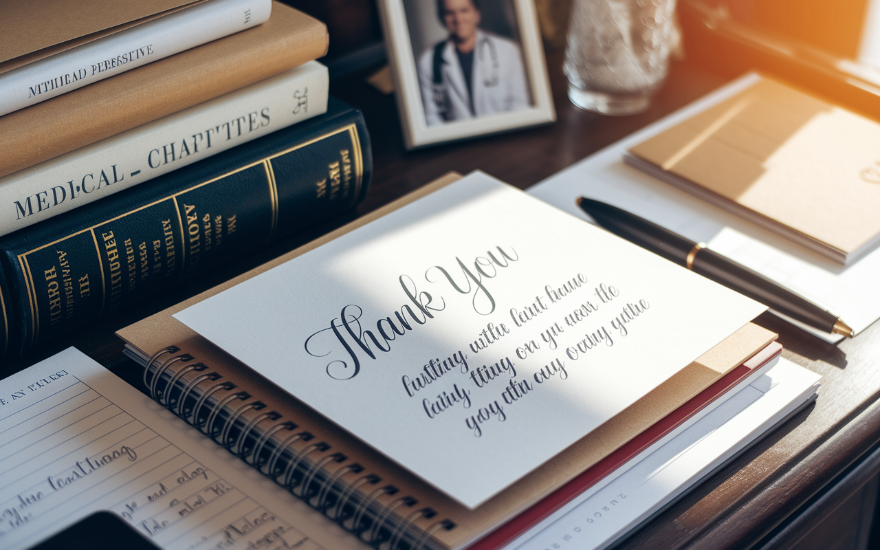 A close-up shot of a beautifully handwritten thank you note resting atop a well-organized desk covered in medical textbooks and stationery. The note features elegant calligraphy, and the setting is warmly lit with sunlight filtering through a nearby window, giving an inviting, personal feel. In the background, faint outlines of medical charts and photographs of mentors can be seen, creating a comprehensive atmosphere of gratitude in the medical field. Warm tones, intimate perspective.