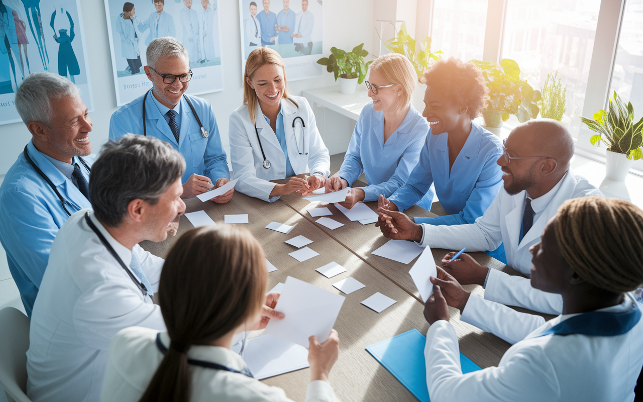 An inspiring image of a diverse group of medical professionals gathering in a bright, sunlit conference room, exchanging thank you notes and forging connections. Each individual expresses joy and appreciation, fostering an atmosphere of collaboration and support. The environment is decorated with medical posters and plants, symbolizing growth and teamwork. Radiant, hopeful lighting emphasizes the significance of gratitude within professional relationships.