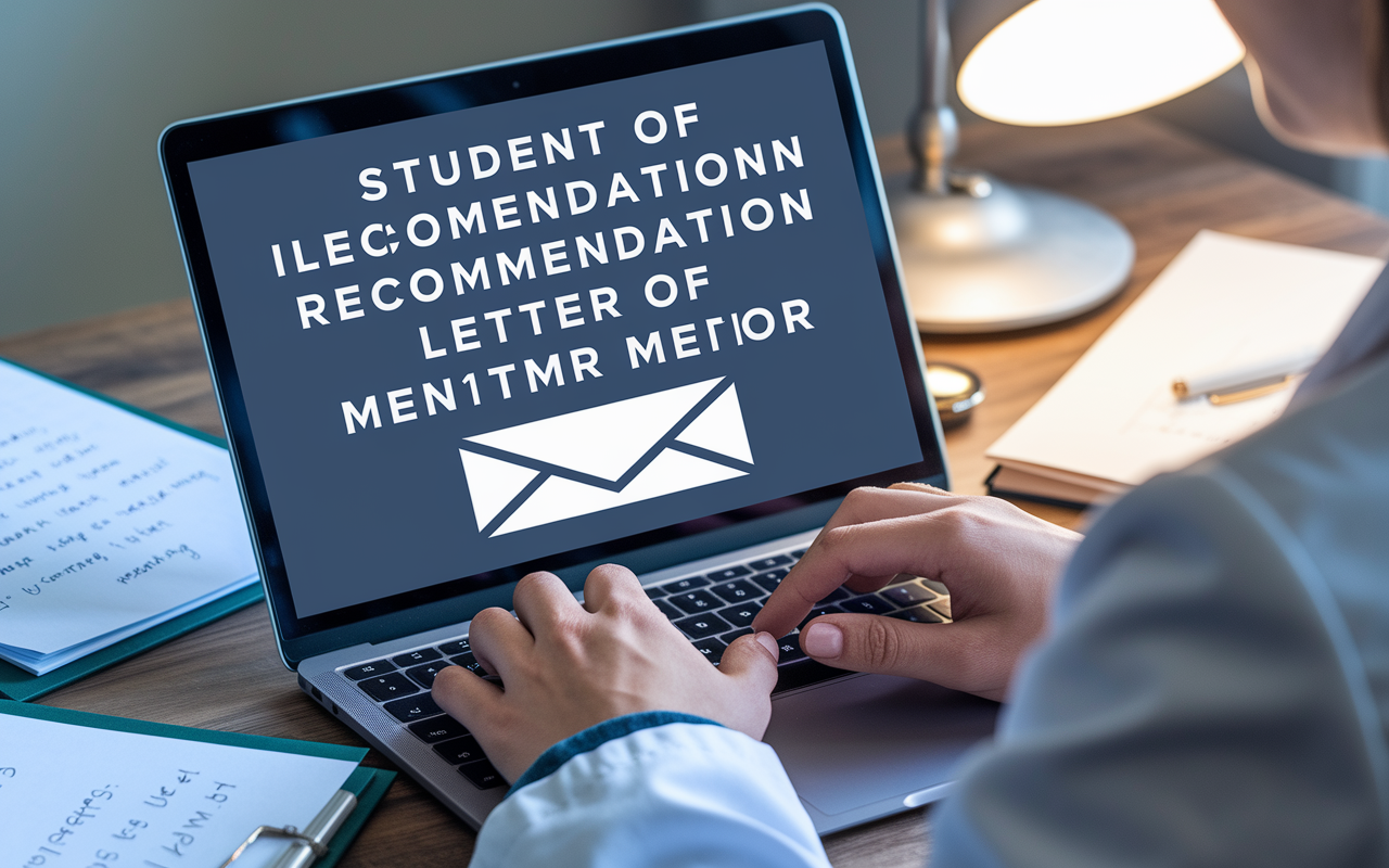 A close-up view of a medical student crafting a personalized email requesting a Letter of Recommendation from a mentor. The email is displayed on a laptop screen, with a warm and encouraging tone evident in the words. Surrounding the student are notes and documents highlighting key achievements, and the atmosphere conveys care and professionalism, with a soft glow from a desk lamp.