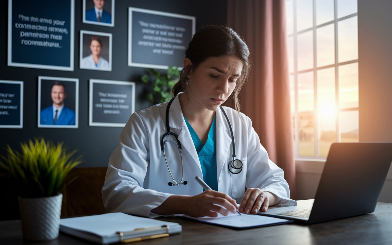 An emotional scene capturing the moment a medical student is preparing to send a heartfelt request for a Letter of Recommendation. The ambiance is warm, with family photos and motivational medical quotes on the walls. The student appears contemplative, ensuring their communication reflects gratitude and respect. A soft sunset light streaming through the window emphasizes their determination and personal connection.