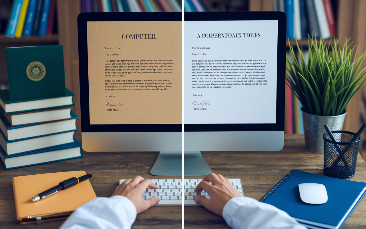 A split view of a medical student crafting two different personalized Letters of Recommendation requests on a computer. One side shows a letter addressed to a mentor in a warm, personal tone, while the other exhibits a formal request to a supervisor. The setting is a cozy, well-organized study area with diplomas and medical textbooks in the background, highlighting dedication and professionalism.