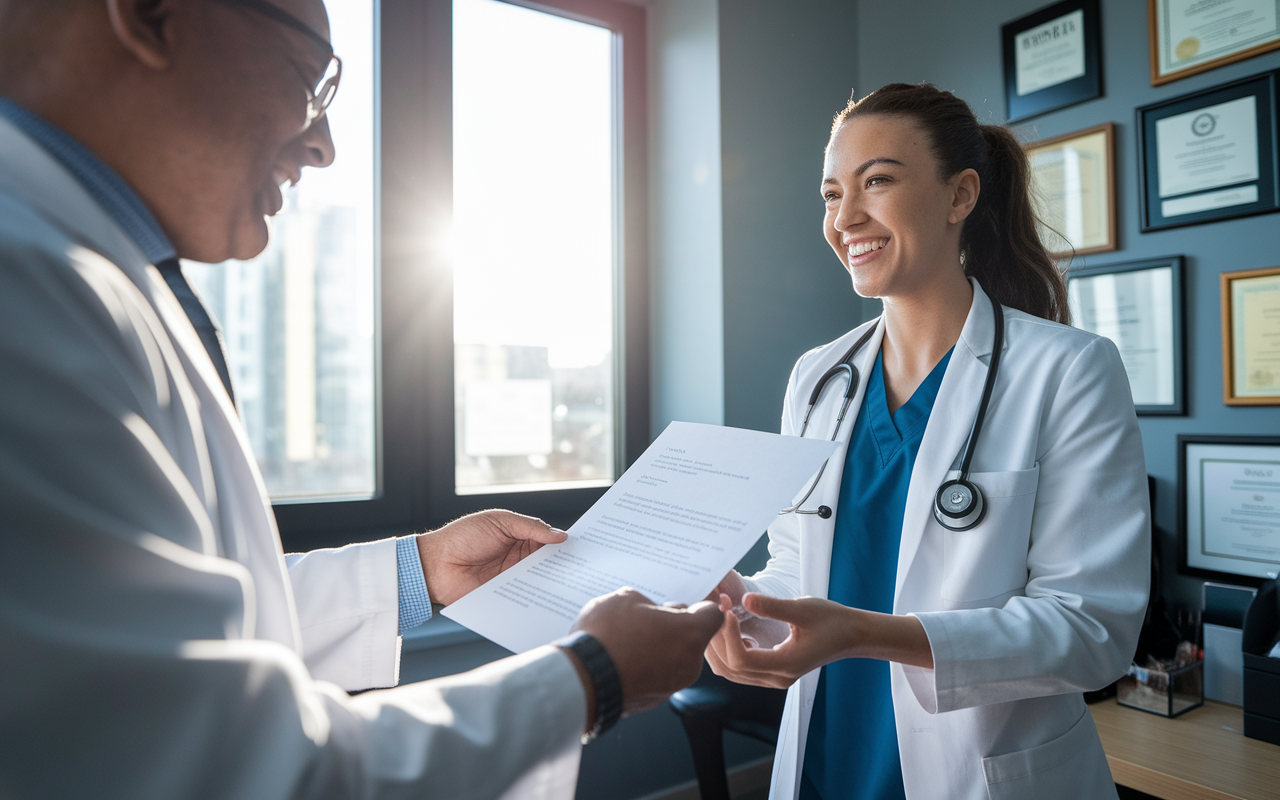 An inspiring scene of a medical student happily receiving a completed Letter of Recommendation from a mentor. The mentor is smiling and handing over the letter in a professional office setting adorned with medical awards and certificates. The sunlight radiates through the window, symbolizing opportunities and growth, while the student exhibits gratitude and appreciation.