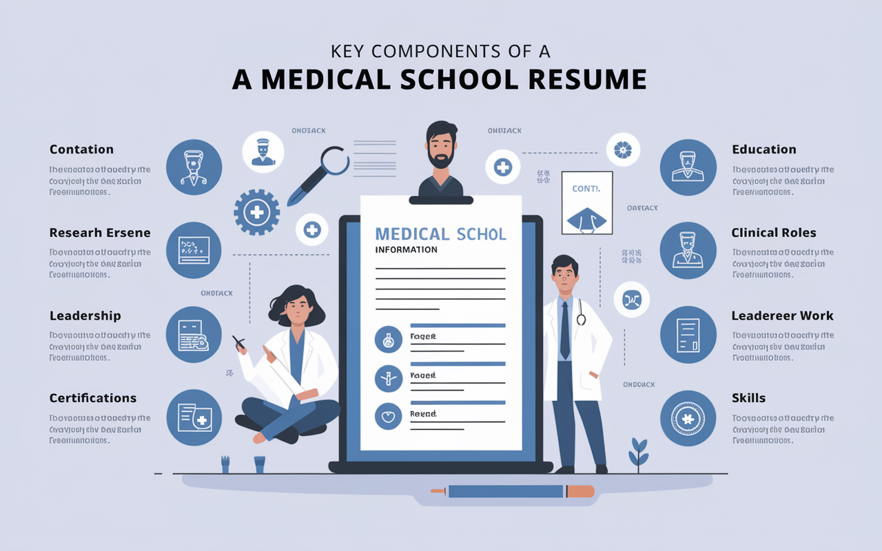 A visually appealing infographic illustrating key components of a medical school resume. The design features icons representing contact information, education, research experience, clinical roles, leadership activities, volunteer work, certifications, and skills. The background is clean and modern, with relevant medical-themed colors, enhancing the understanding of important resume elements for aspiring medical students.