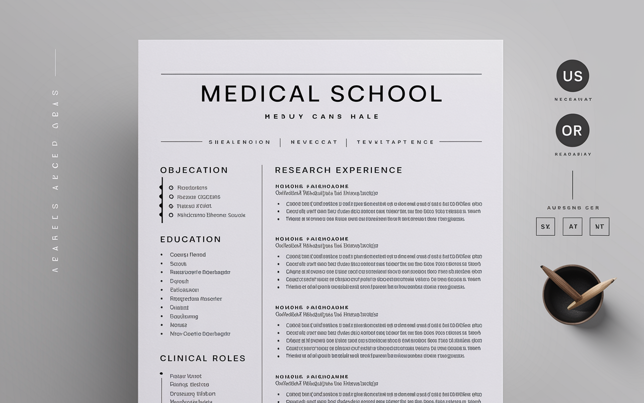 An exemplary one-page medical school resume in a sleek and professional layout. The resume includes sections like contact information, objective statement, education, research experience, and clinical roles, each clearly labeled with distinct font styles. The color scheme is subtle yet professional, integrating a clean design and bullet points that highlight achievements with a well-balanced use of white space for easy readability.