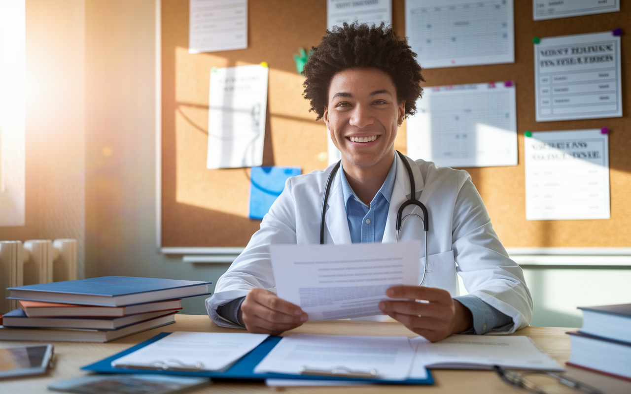 A smiling young medical student sitting confidently in a study space, surrounded by application materials and reference books, holding a polished resume ready for submission. Sunlight spills into the room, creating an inspiring and hopeful atmosphere. The background includes a bulletin board filled with study schedules and medical school reminders, symbolizing their dedication and hard work in the application process.