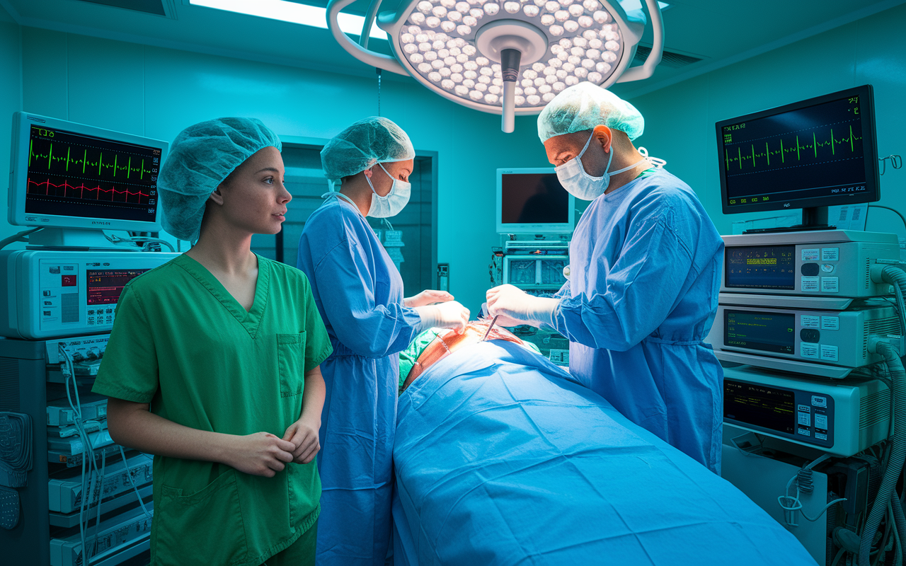 A young medical student in scrubs, standing beside an operating room, eyes wide with fascination as a surgeon performs a procedure. The operating room is brightly lit, filled with high-tech medical instruments and monitors displaying vital signs. The intense focus and teamwork among the surgeons and nurses are visible, showcasing the dedication required in the medical field.