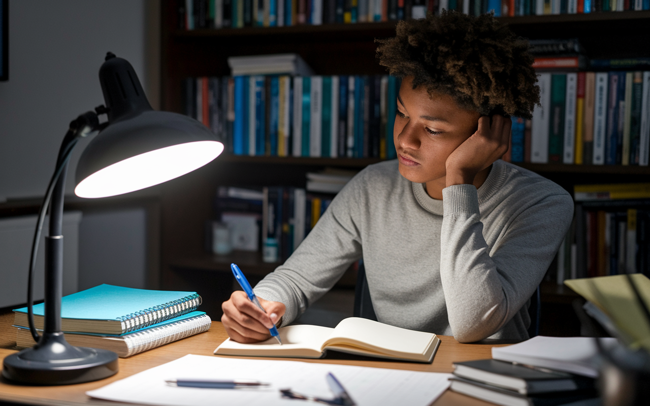 A contemplative pre-med student sitting at a desk in a cozy study room, surrounded by medical textbooks and notes. They are writing in a journal, reflecting on their recent shadowing experience, with a warm desk lamp illuminating the scene. The student's expression shows contemplation and determination, symbolizing the growth from their shadowing journey.