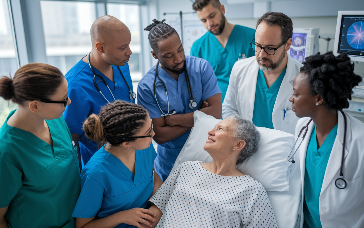 A diverse healthcare team gathered around a patient in a hospital room, discussing treatment options. The atmosphere is collaborative and focused, with members of the team engaged and exchanging ideas. Important medical charts and technology can be seen, emphasizing the importance of teamwork in providing patient care.