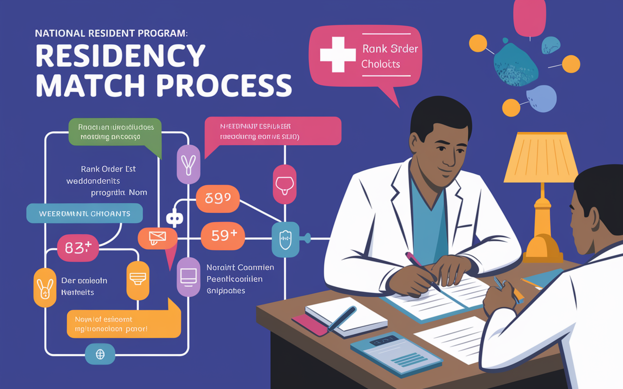 An infographic-style illustration depicting the residency match process. A flowchart connecting medical graduates with residency programs under the National Resident Matching Program (NRMP). Vibrant colors highlight the Rank Order List (ROL) and Match Algorithm, showcasing students evaluating their choices with pens and papers in a well-lit study area. Elements of excitement and anticipation are portrayed through facial expressions, suggesting a blend of determination and nervousness.