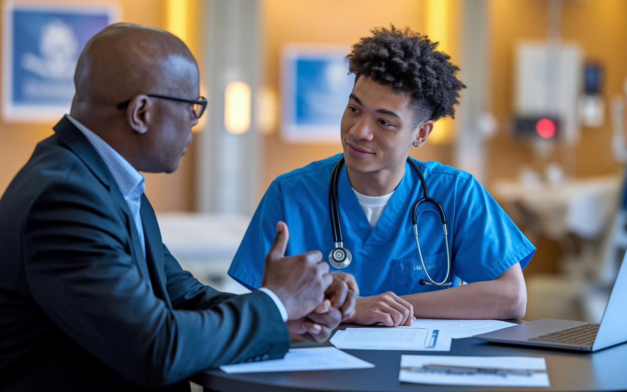 A scene in a hospital setting illustrating a young medical student engaging with an experienced faculty mentor. The student is attentively listening as the mentor provides feedback on application materials, with papers and a laptop open on the table. The atmosphere is supportive and professional, with warm, soft lighting highlighting the cooperation and mentorship aspect. The background includes blurred medical posters and hospital equipment symbolizing the medical environment.