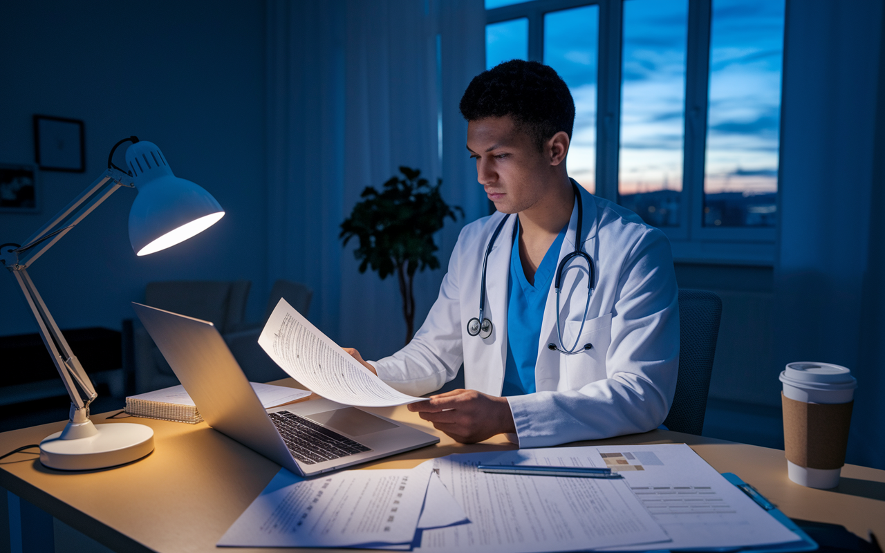 An introspective scene of a medical graduate seated at a desk, reviewing residency program options with paperwork, a laptop, and a coffee cup. The room is softly illuminated by a lamp, casting warm light on a thoughtfully cluttered workspace filled with notes and a pros and cons list. A window shows a twilight sky, symbolizing the thoughtful, reflective process of decision making. The candidate looks contemplative yet determined, representing the journey of pursuing their career aspirations.