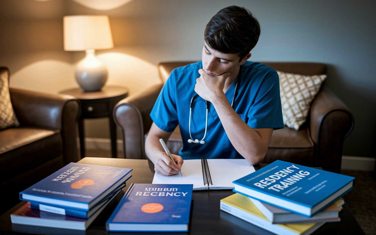 A focused medical student seated in a cozy nook, surrounded by books on residency training, with a pad of paper in hand. The student is deep in thought, jotting down priorities and values. In the background, a softly lit lamp casts an inviting glow, and various medical journals are spread out on the table, emphasizing the importance of self-reflection in the decision-making process.