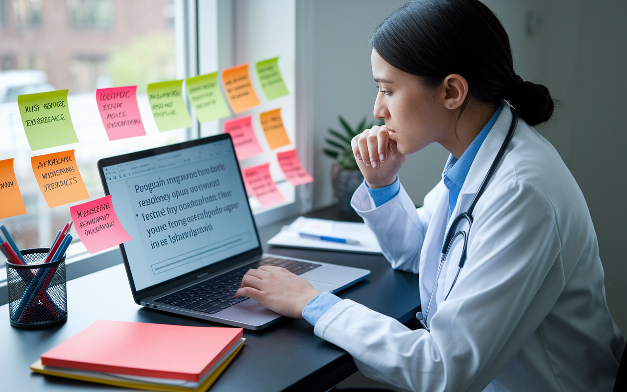 A medical student sits at a sleek desk, engaging in an online forum on a laptop, surrounded by sticky notes with program details and contacts. The screen displays a lively discussion about residency experiences, conveying a sense of connection and investigation. Soft light from a nearby window highlights the student’s focused expression, symbolizing diligence in research.