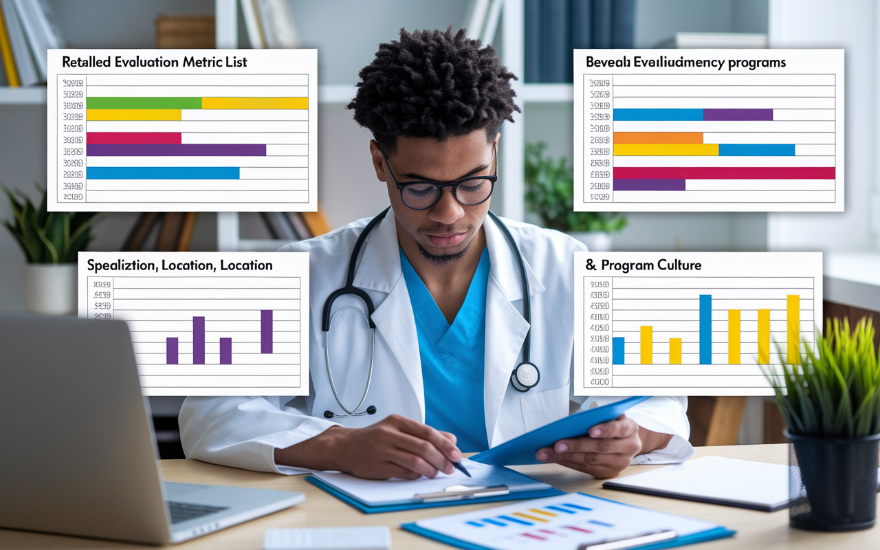 An organized workspace featuring a medical student's rank order list, displaying detailed evaluation metrics for several residency programs. Bright, colorful charts for visual comparison show specialization, location, and program culture. A focused expression on the student's face as they consider how to balance priorities, with a sense of determination to make informed decisions.