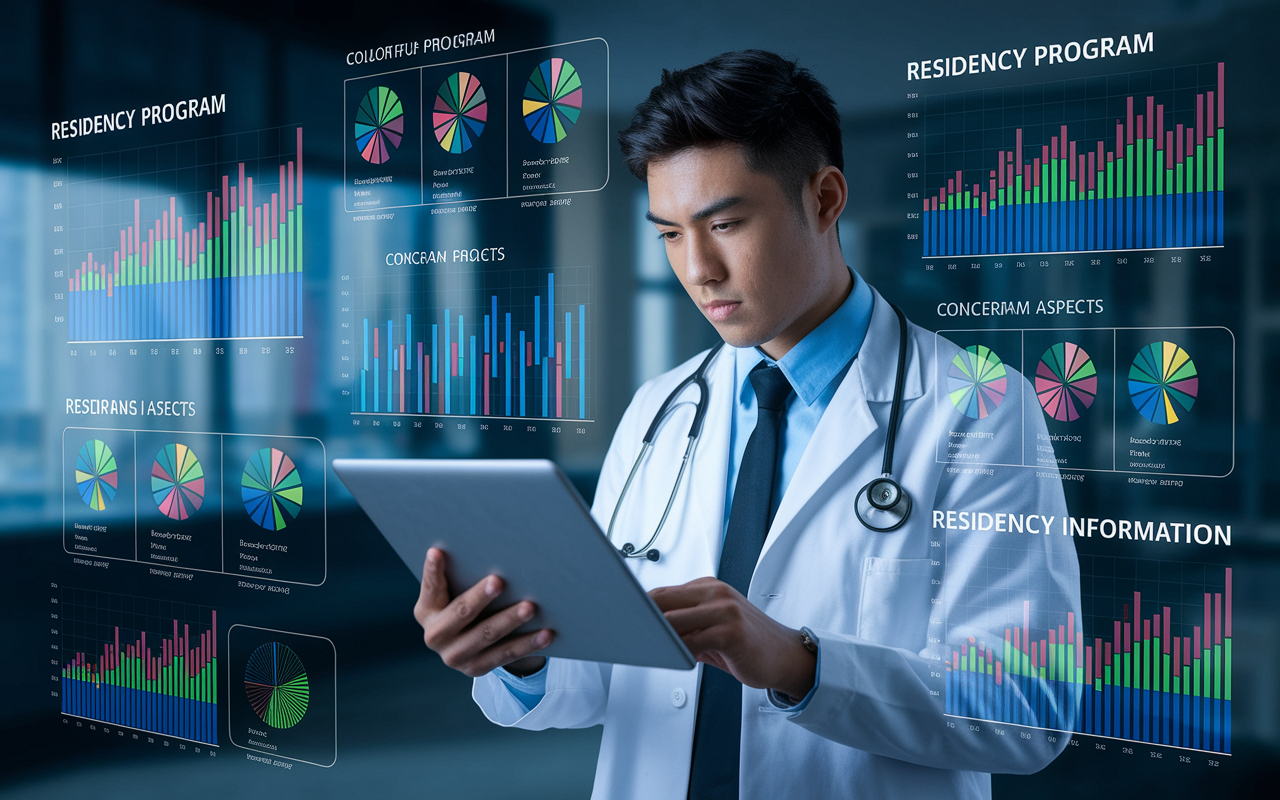 A medical student using a laptop and tablet, surrounded by charts and data visualizations to organize residency program information. The screen showcases colorful graphs representing various program aspects, creating a high-tech atmosphere. A blend of determination and concentration on the student’s face, emphasizing the importance of technological aids in decision-making.