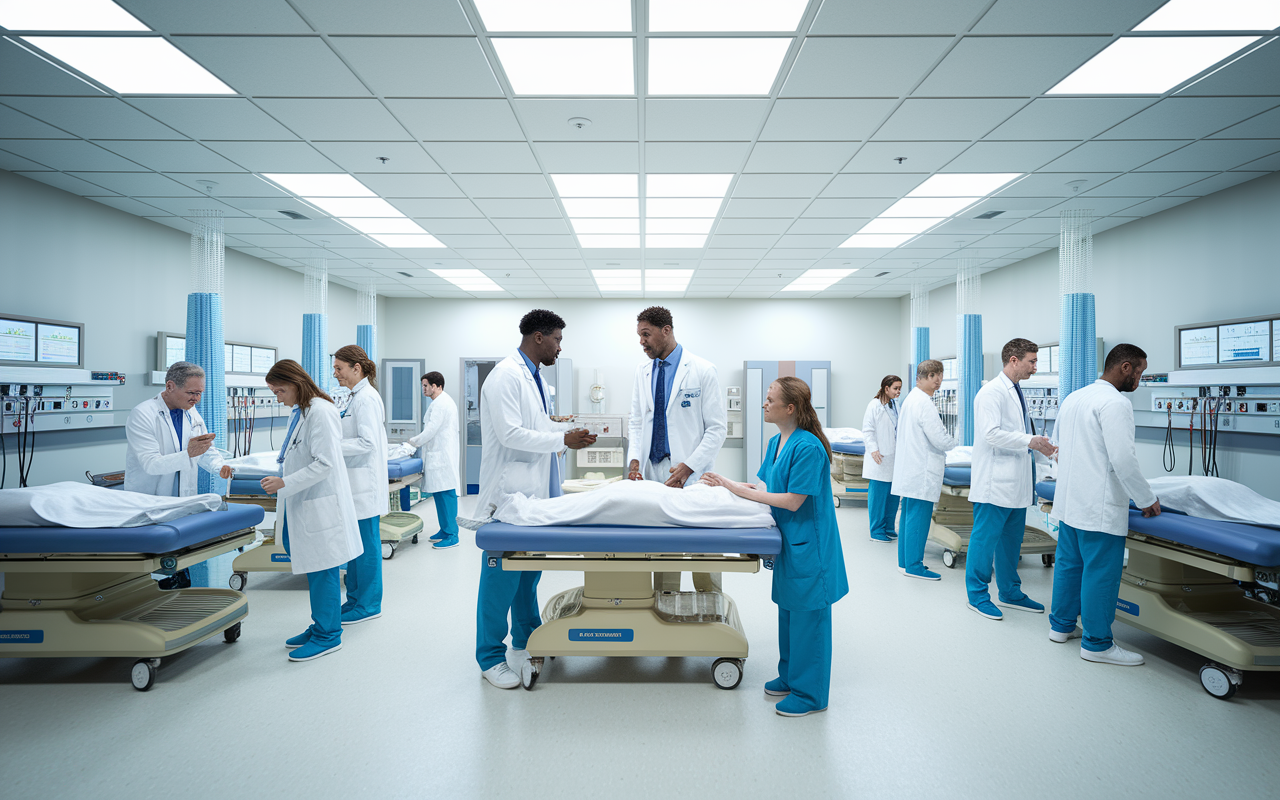 An expansive, bright hospital training environment with residents engaging in various clinical settings. A diverse group of doctors-in-training are conducting patient assessments in a well-equipped examination room. The room is filled with advanced medical tools and charts on the walls, and the atmosphere is alive with collaboration and education, emphasizing teamwork and growth in a superbly lit environment.