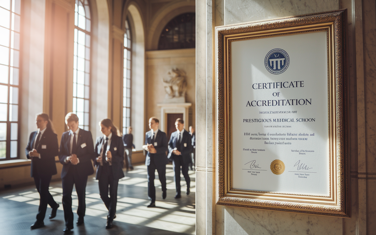 An elegant, framed certificate of accreditation hanging on a wall in a prestigious medical school, with students walking by admiring it. The ambiance reflects a sense of respect and tradition, with sunlight filtering through large windows casting warm light over the scene, conveying the importance of quality in medical education.