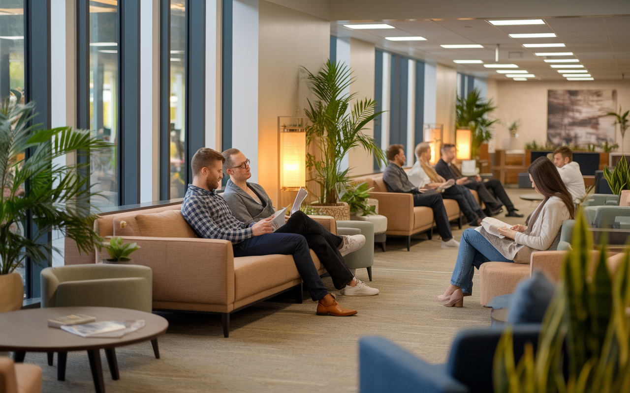 A cozy, serene lounge area within a medical residency program, designed for relaxation and wellness. Soft couches and warm lighting create a welcoming atmosphere, while a few residents are seen engaging in light conversation, reading, and enjoying a moment of tranquility amidst their busy schedules. Plants and art adorn the space, enhancing the sense of calm and balance.