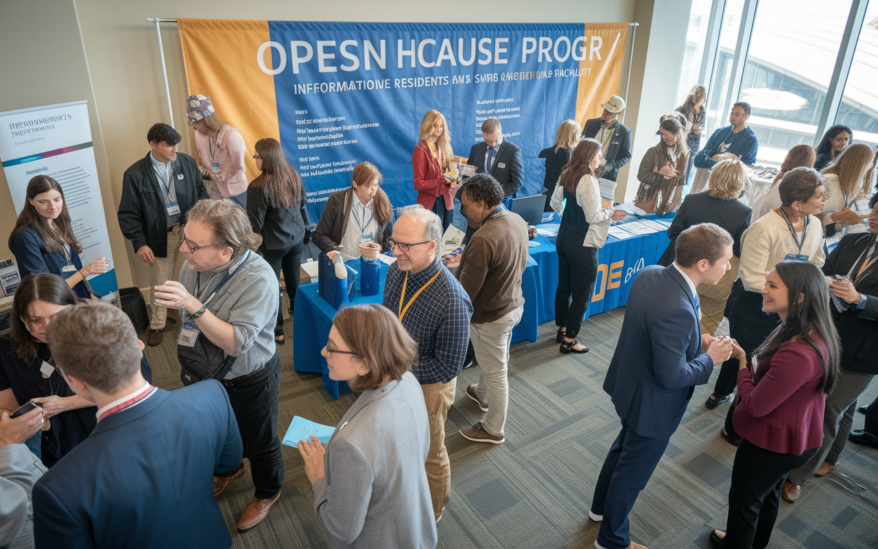 A dynamic scene of an open house event at a residency program, where prospective residents interact with current residents and faculty. People are engaged in animated discussions, surrounded by informational displays about the program. A large banner exudes enthusiasm, and the vibrant atmosphere suggests community, support, and sharing of knowledge.