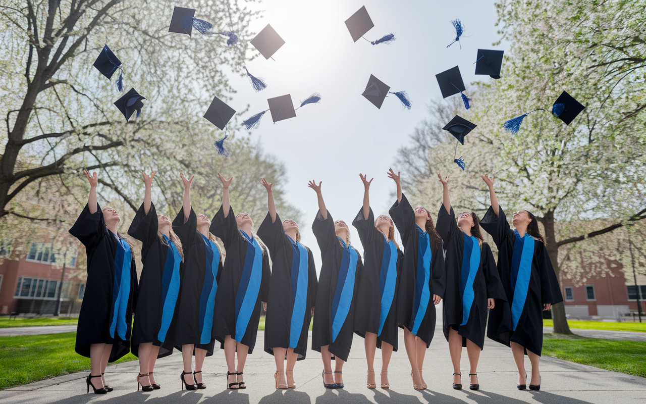 A proud group of medical graduates in graduation attire celebrating outdoors, throwing their caps in the air, symbolizing the transition to their next chapter. The setting is a peaceful campus with blooming trees and a sunny sky, encapsulating an atmosphere of joy, achievement, and anticipation for the future.