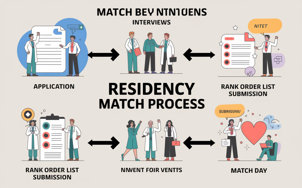 An informative and illustrative diagram showcasing the Residency Match process, featuring key elements like Applications, Interviews, Rank Order List submission, and Match Day. Use a sleek design with arrows connecting each stage, symbols representing documents for applications, interview icons, and a celebratory image for Match Day. Colors should be vibrant but professional, highlighting a clear educational theme.