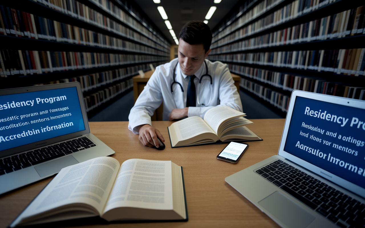 An engaging scene of a medical student at a library table filled with books and laptops displaying residency program ratings and accreditation information. Books open, highlighting a specific specialty, and a smartphone for quick calls or messages to mentors. The library is dimly lit but with focused lighting on the student's area, providing a sense of dedication and pursuit of knowledge.