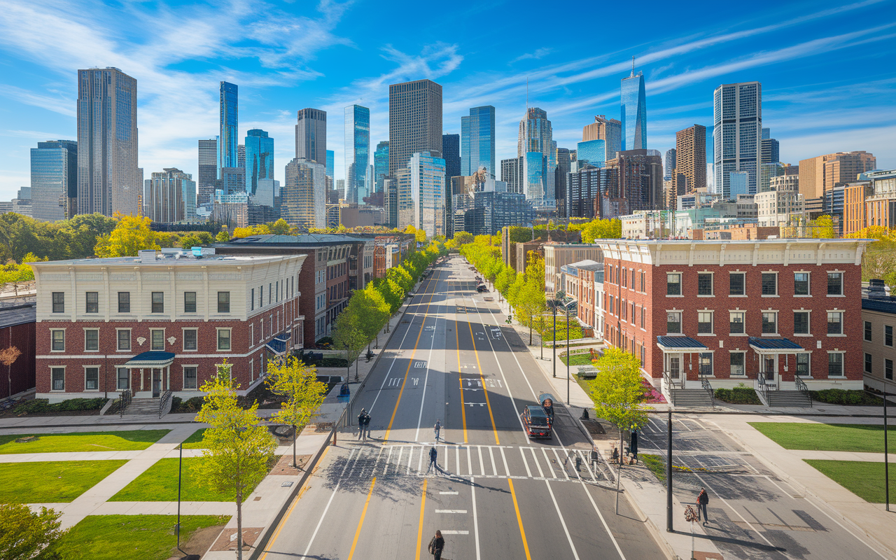 A vibrant cityscape showcasing various neighborhoods where residency programs are located, with students exploring different residential areas. Highlight key lifestyle elements, such as parks, local amenities, and transportation options. Bright daylight enhances the inviting atmosphere, emphasizing the importance of location in residency selection.