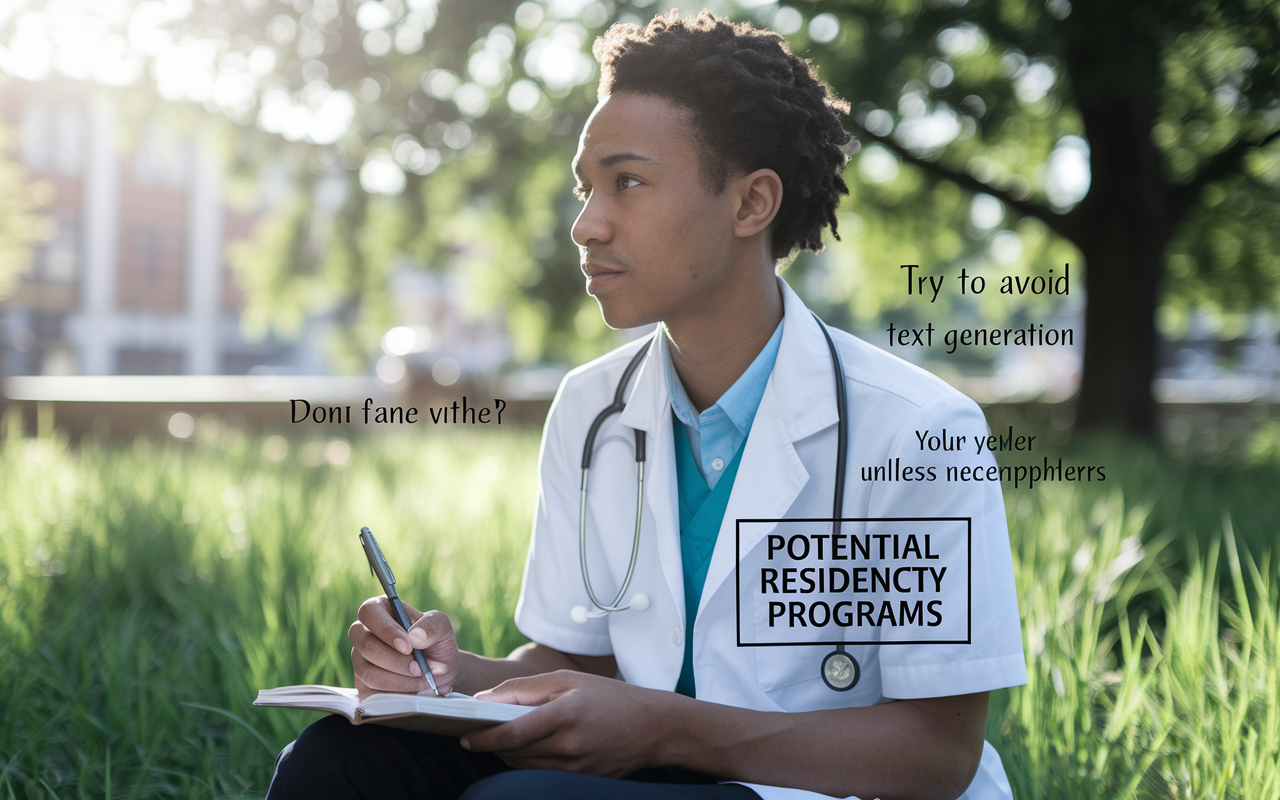 A thoughtful medical student sitting in a peaceful outdoor setting, indulging in self-reflection with a notebook in hand. Capture an intimate moment with greenery around, sunlight-filtering through trees, creating a serene atmosphere. The student's expression indicates contemplation, with visuals of potential residency programs sketched in the notebook and hints of city life in the background.