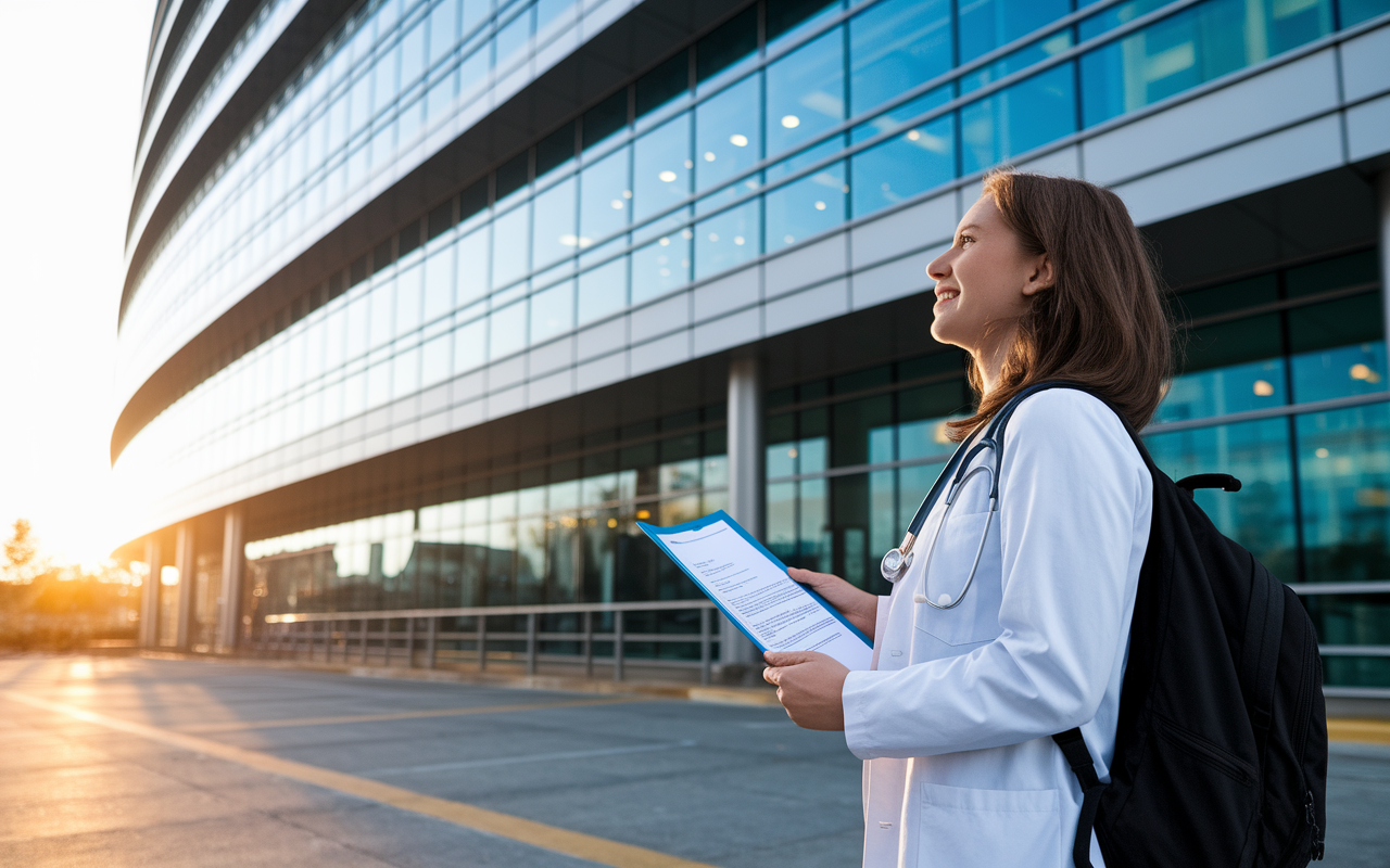 A hopeful and determined medical student standing outside a prestigious hospital, looking up at the building with a sense of anticipation and excitement. The scene captures the golden light of a sunset reflecting on the hospital's exterior, symbolizing new beginnings. The atmosphere is filled with a sense of opportunity and purpose, with the student’s stethoscope around their neck and resume in hand, ready to embark on their residency journey.