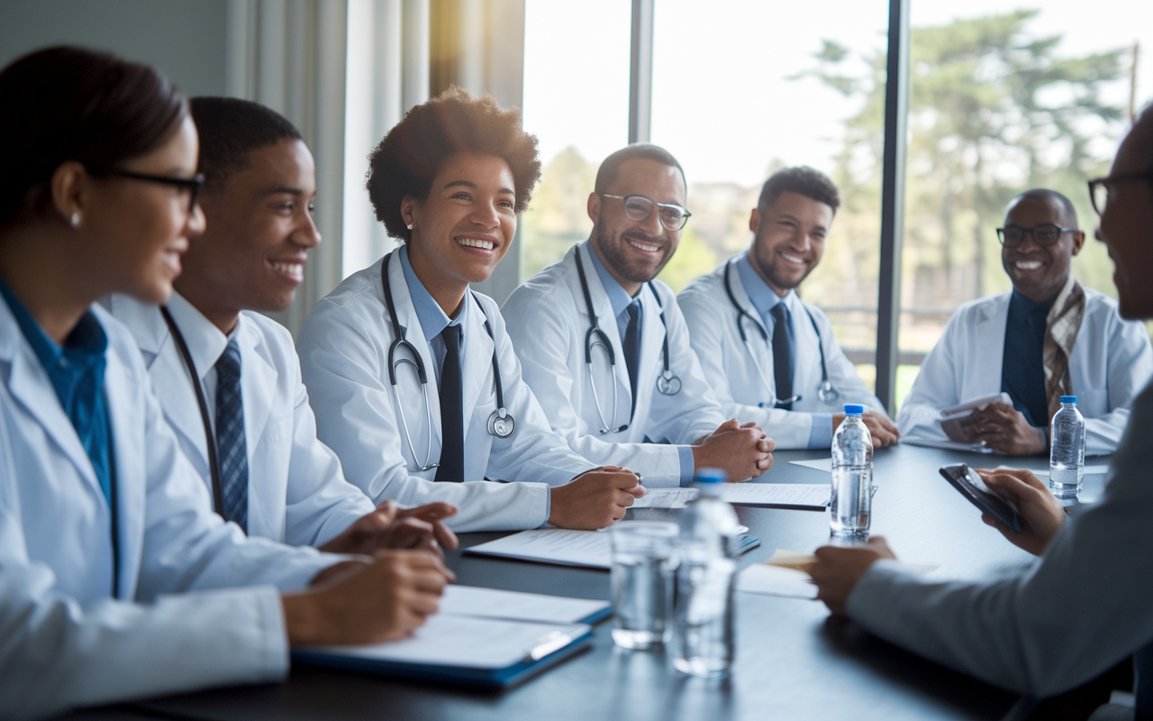 A diverse group of medical students dressed in professional attire, sitting in a well-lit interview room, engaging with smiling faculty members. A table filled with application materials and water bottles hints at the formal atmosphere; there's a large window providing natural light, creating an inviting ambiance. The expressions on the students' faces reflect a mix of anxiety and excitement, conveying the importance of this moment in their careers.