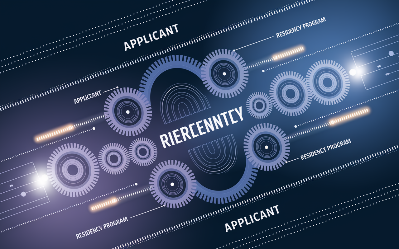 An intricate digital illustration depicting a symbolic representation of the residency matching algorithm. The artwork features interconnected gears and cogs, each labelled 'Applicant' and 'Residency Program', dynamically working together. Lights and accents flow along the lines representing connections; the background has a gradient from deep blue to bright white, symbolizing a transition from uncertainty to clarity in the residency matching process.