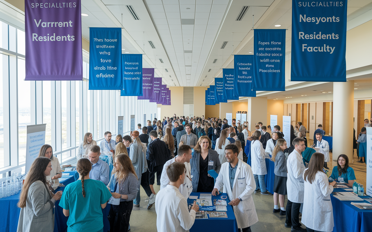 A vibrant scene from a residency open house at a hospital, showcasing groups of medical students mingling with current residents and faculty. Elegant banners advertise various specialties; the bright setting is filled with informative booths and engaging discussions. The atmosphere is dynamic and welcoming, capturing the excitement and hope as students build their professional networks.