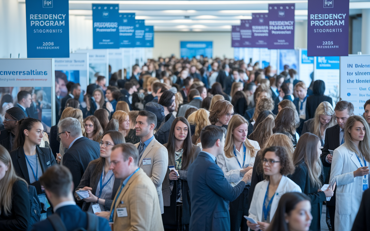 A busy conference hall filled with medical students and residency program representatives engaging in conversations. The scene buzzes with excitement, featuring banners advertising various residency programs, informational booths, and attendees dressed in professional attire. The lighting is bright and inviting, capturing the spirit of networking and opportunity. Attendees can be seen exchanging business cards, sharing experiences, and discussing future career plans.