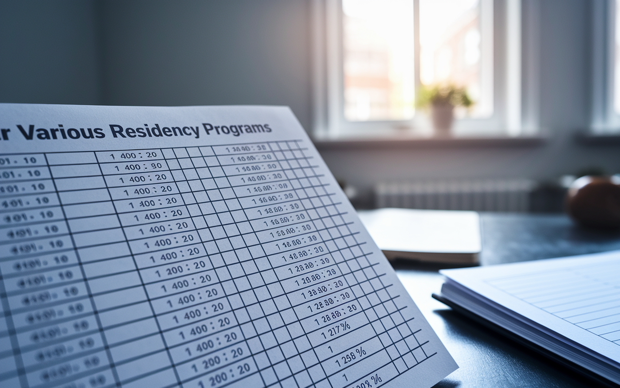 A close-up of a neatly organized table displaying a scoring system for various residency programs. Each program is listed vertically, with column headers for different evaluation criteria. Scores range from 1 to 10 are filled in, alongside weighted percentages. The setting is a quiet study room with soft natural light coming through a window, creating a studious and analytical ambiance.