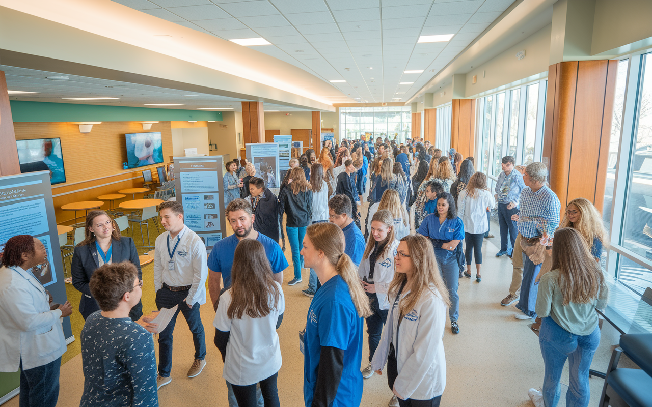 A vibrant open house event at a medical residency program, showcasing eager medical students touring the facilities. The setting is lively, with groups of students engaging with faculty beside state-of-the-art equipment and classrooms. Current residents share experiences and answer questions. Soft, natural light floods the area, creating a welcoming atmosphere, with informative displays about the residency program arranged around the space.