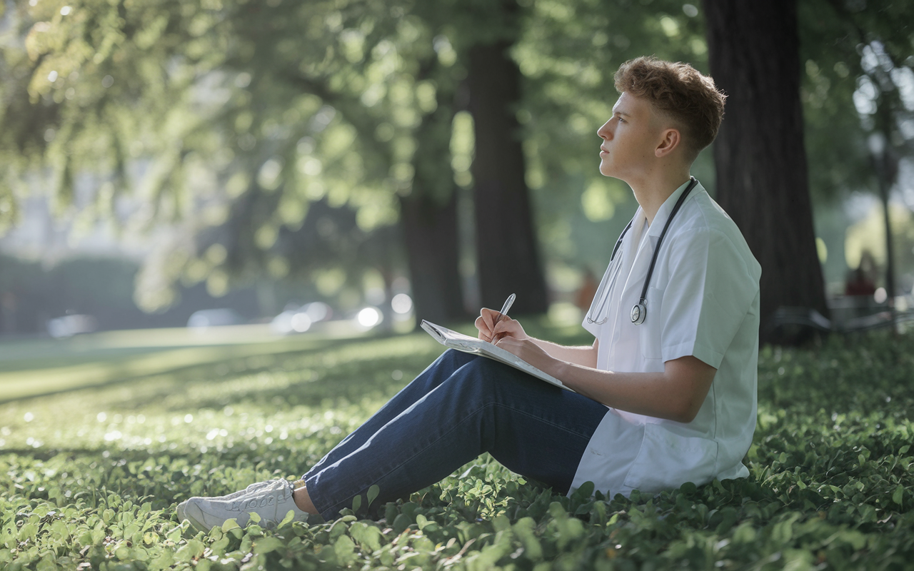 A contemplative young physician sitting in a peaceful park, surrounded by greenery, reflecting on their residency choices. With a notebook in hand, they jot down notes while gazing thoughtfully at the horizon. The sunlight filters through the leaves, casting soft shadows, and creating an atmosphere of introspection. This scene captures a moment of decision-making and connection to personal values.